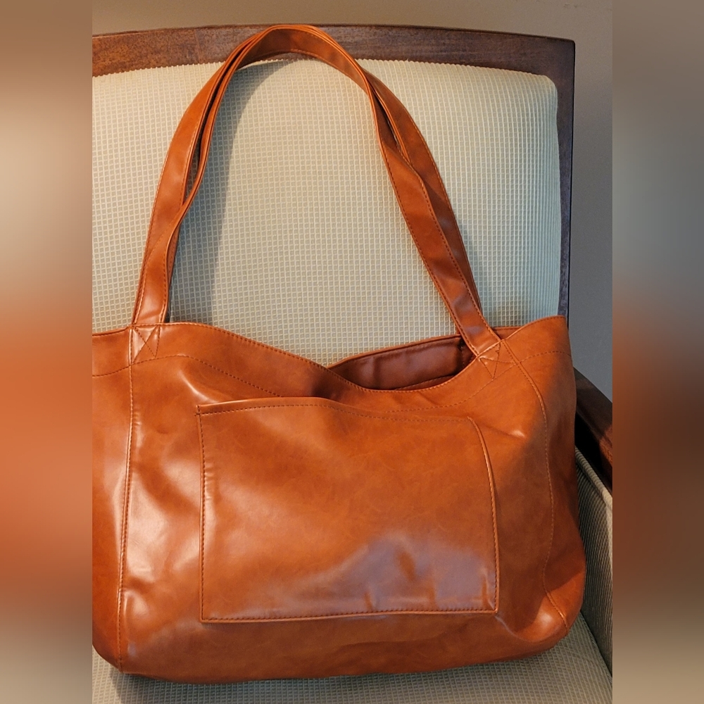 Beautiful New Large Vegan ? Leather Tote Bag Cognac Purse